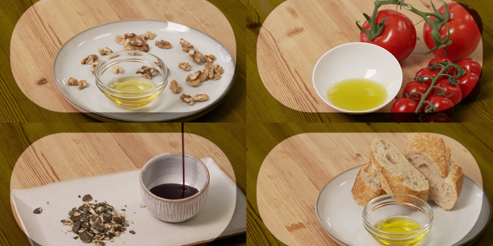 Eine Collage zeigt verschiedene Öle mit Walnüssen, Tomaten, Brot und Kürbiskernen auf Holzbrettern angerichtet.