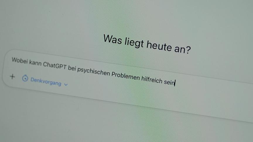 Ein Bildschirm zeigt eine Chat‑Oberfläche mit der Frage, wobei ChatGPT bei psychischen Problemen helfen kann.
