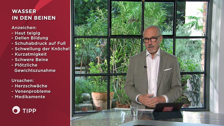 Darstellung von Symptomen und Ursachen für Wasser in den Beinen, daneben Univ. Prof. Dr. Siegfried Meryn in einem Studio.