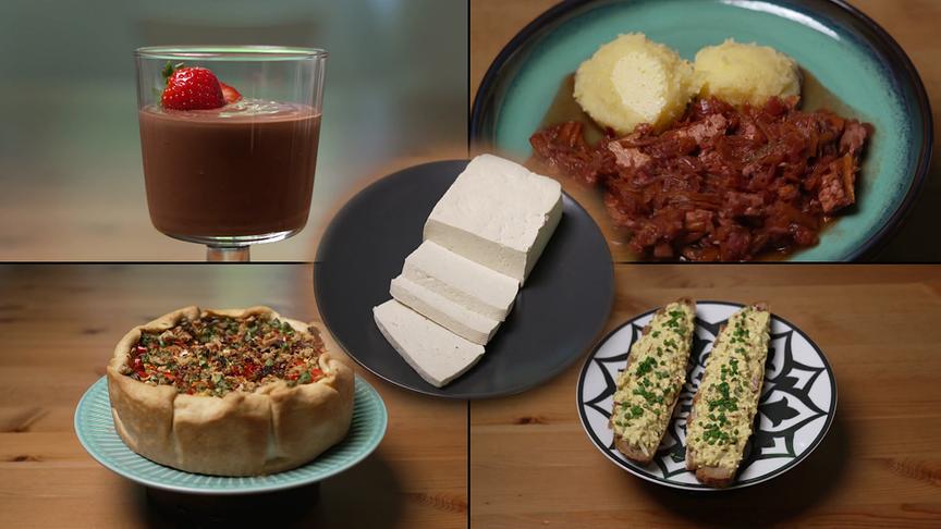 Collage verschiedener Tofuspeisen, darunter Schoko-Mousse, „Wild“-Ragout, Tofu, Gemüsequiche und belegte Brote mit „Ei“-Aufstrich
