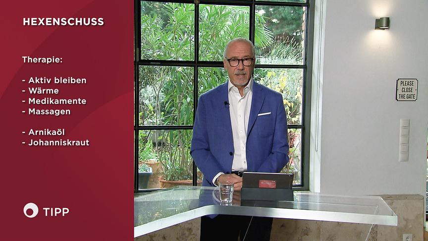 Univ.-Prof. Dr. Siegfried Meryn präsentiert im Studio Tipps zur Therapie eines Hexenschusses, die als Liste eingeblendet sind.