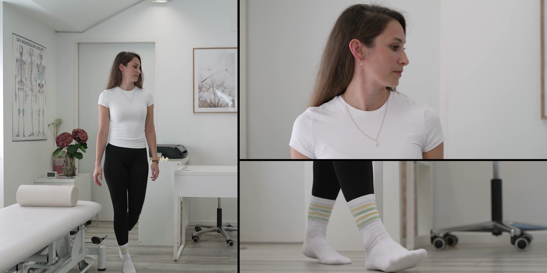 Eine Frau zeigt eine Gleichgewichtsübung in einer hellen, modernen Praxis.