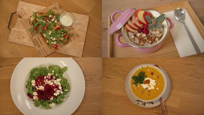 Fotomontage mit vier verschiedenen Gerichte – Flammkuchen, Haferbrei mit Obst, Rote-Rüben-Bowl und Kürbiscremesuppe  –  die appetitlich angerichtet sind.