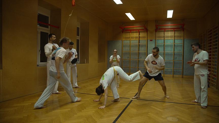 Mehrere Personen trainieren barfuß in einer Turnhalle gemeinsam Kampfsport‑ und Bewegungstechniken.