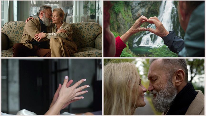 Eine vierteilige Collage zeigt ein Paar beim Umarmen auf dem Sofa, ein Paar das die Hände in Herzform vor einem Wasserfall hält, eine sinnliche Handberührung und ein Paar kurz vor einem Kuss im Freien.