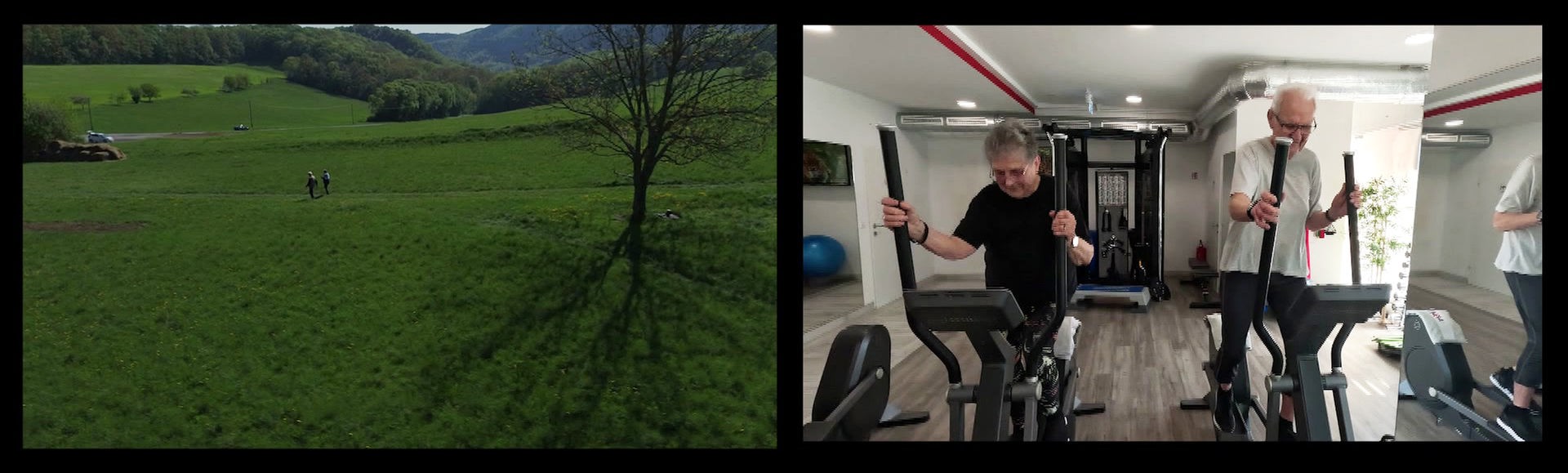 Ein geteiltes Bild zeigt links ein älteres Ehepaar beim Spazierengehen im Grünen und rechts beim Training im Fitnessstudio.