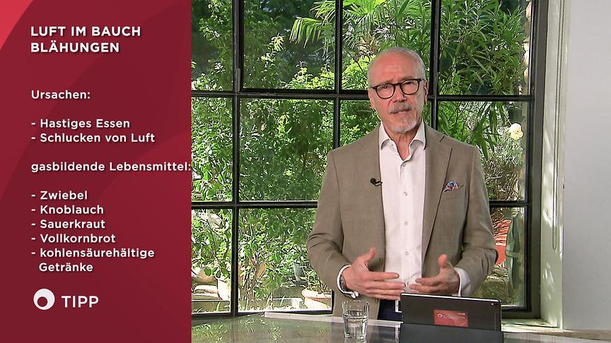 Prof. Dr. Siegfried Meryn steht an einem Tisch im Studio und erklärt die Ursachen für Luft im Bauch und Blähungen, die grafisch links eingeblendet sind.