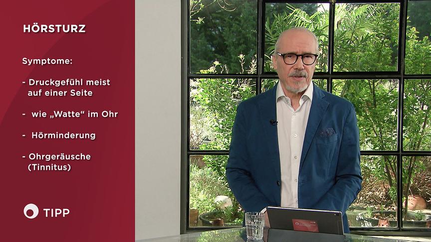 Prof. Dr. Siegfried Meryn erläutert im Studio neben einer Infografik die Symptome bei Hörsturz.