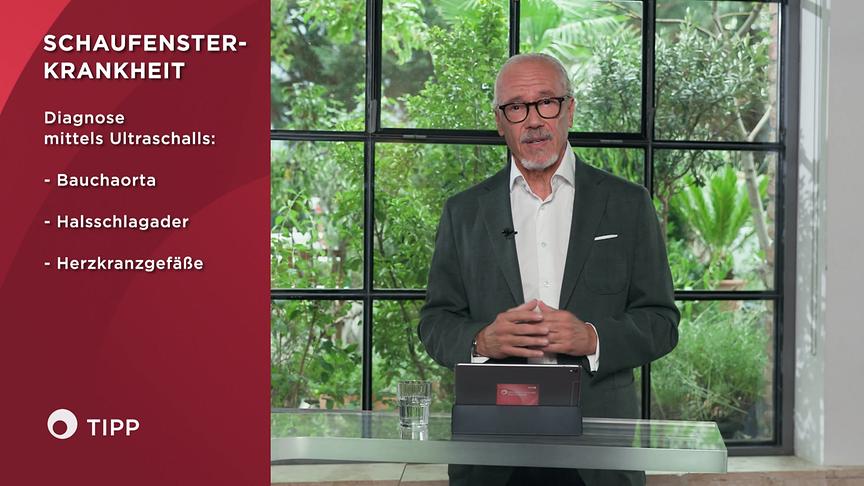 Prof. Dr. Siegfried Meryn  erläutert neben einer Infografik die Ultraschall-Diagnose von „Schaufensterkrankheit“.