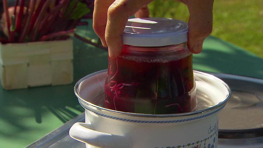 Ein Glas mit eingelegten Roten Rüben wird in ein Wasserbad gestellt.