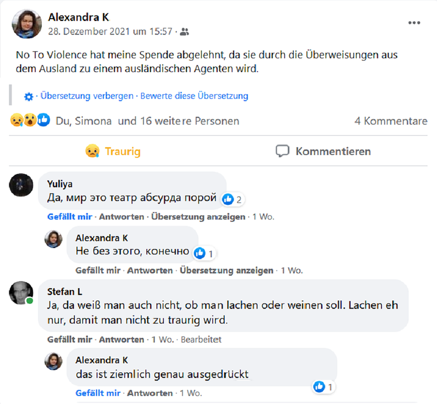 Facebook Posting - No To Violence muss Spenden aus dem Ausland ablehnen.